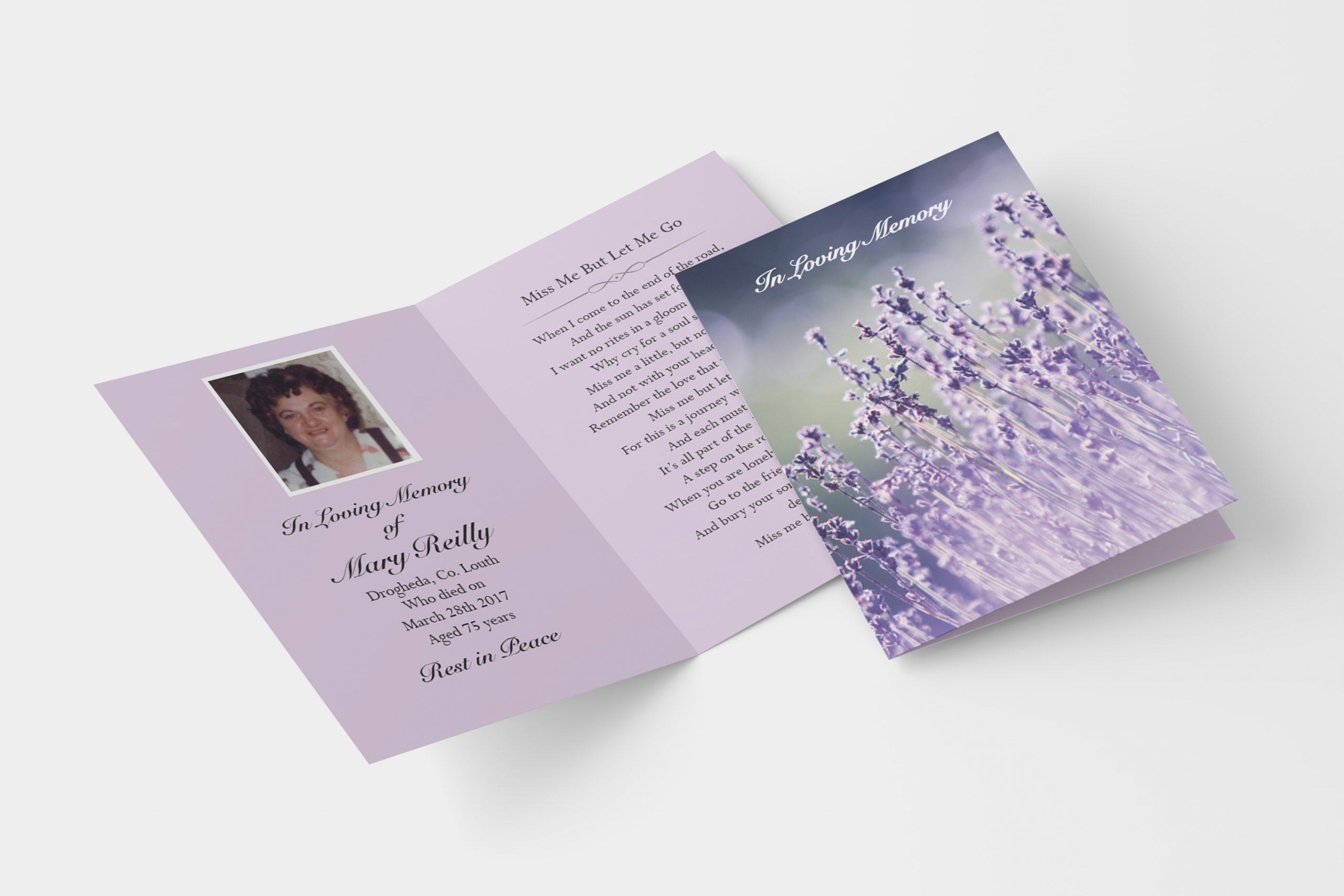 lavendar folded memorial card